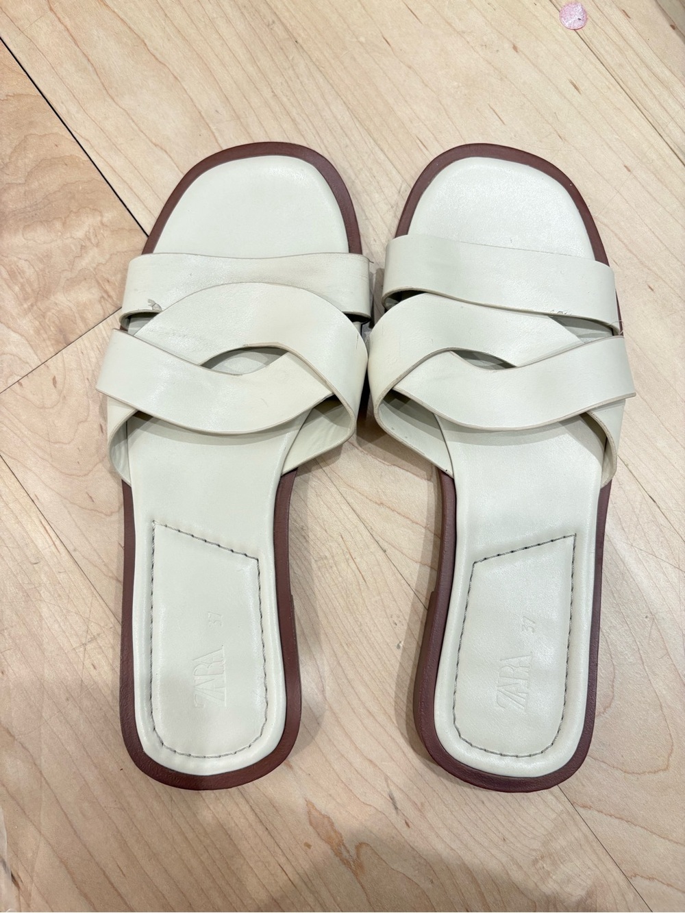 ZARA Off-White Braided Slide Sandals with Brown Trim